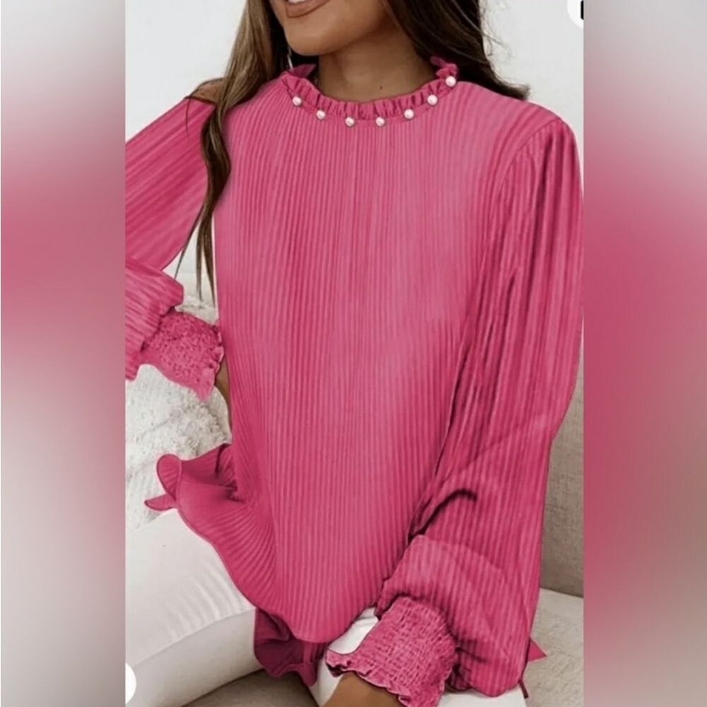 Luna Boutique Pink Pearl Double Layer Ruffle Hem Crinkled Chiffon Blouse Sz 2X - Picture 3 of 4